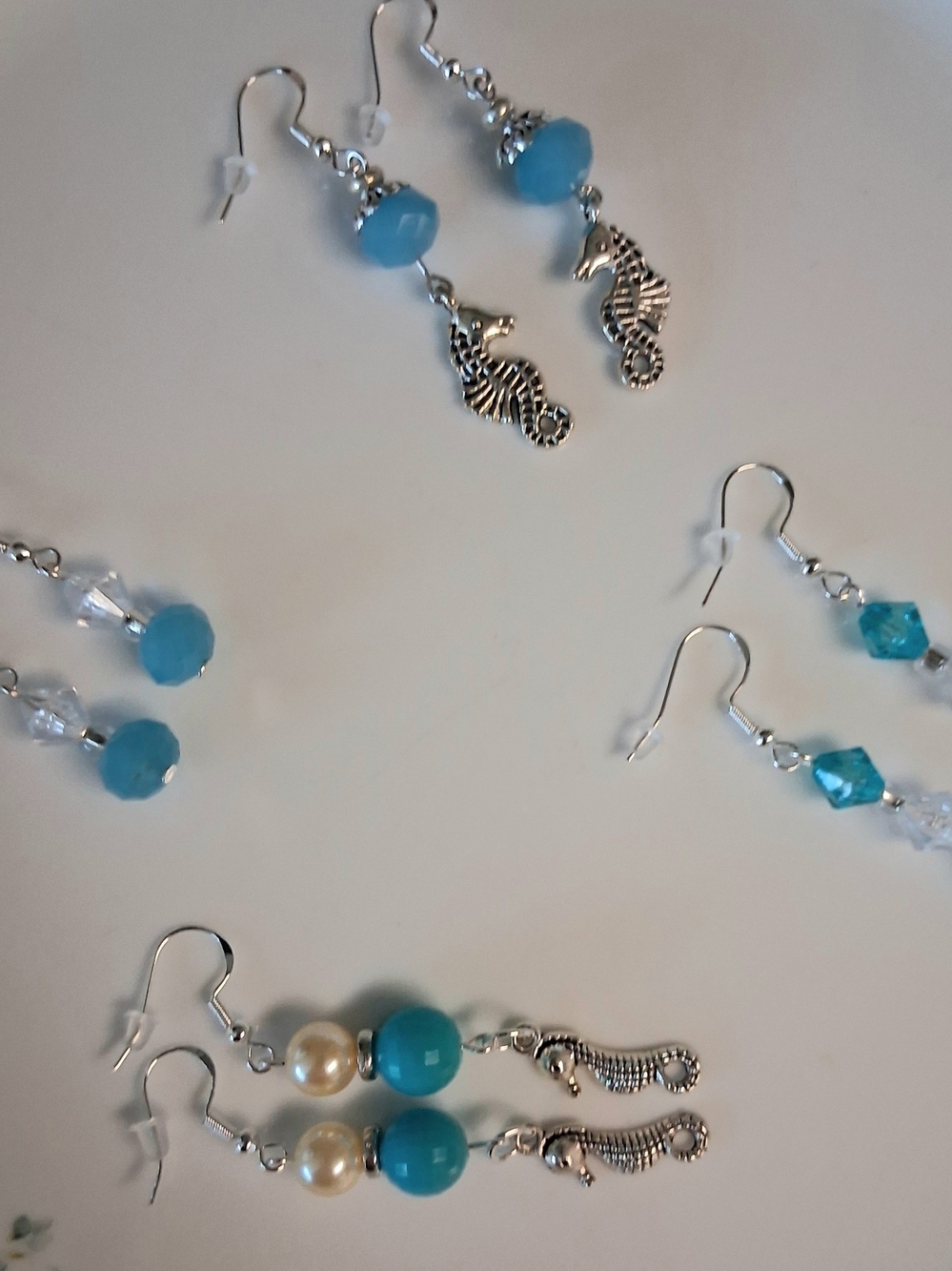 Hand Crafted Turquoise Blue Drop Earrings - Silver Seahorse and Beaded Styles